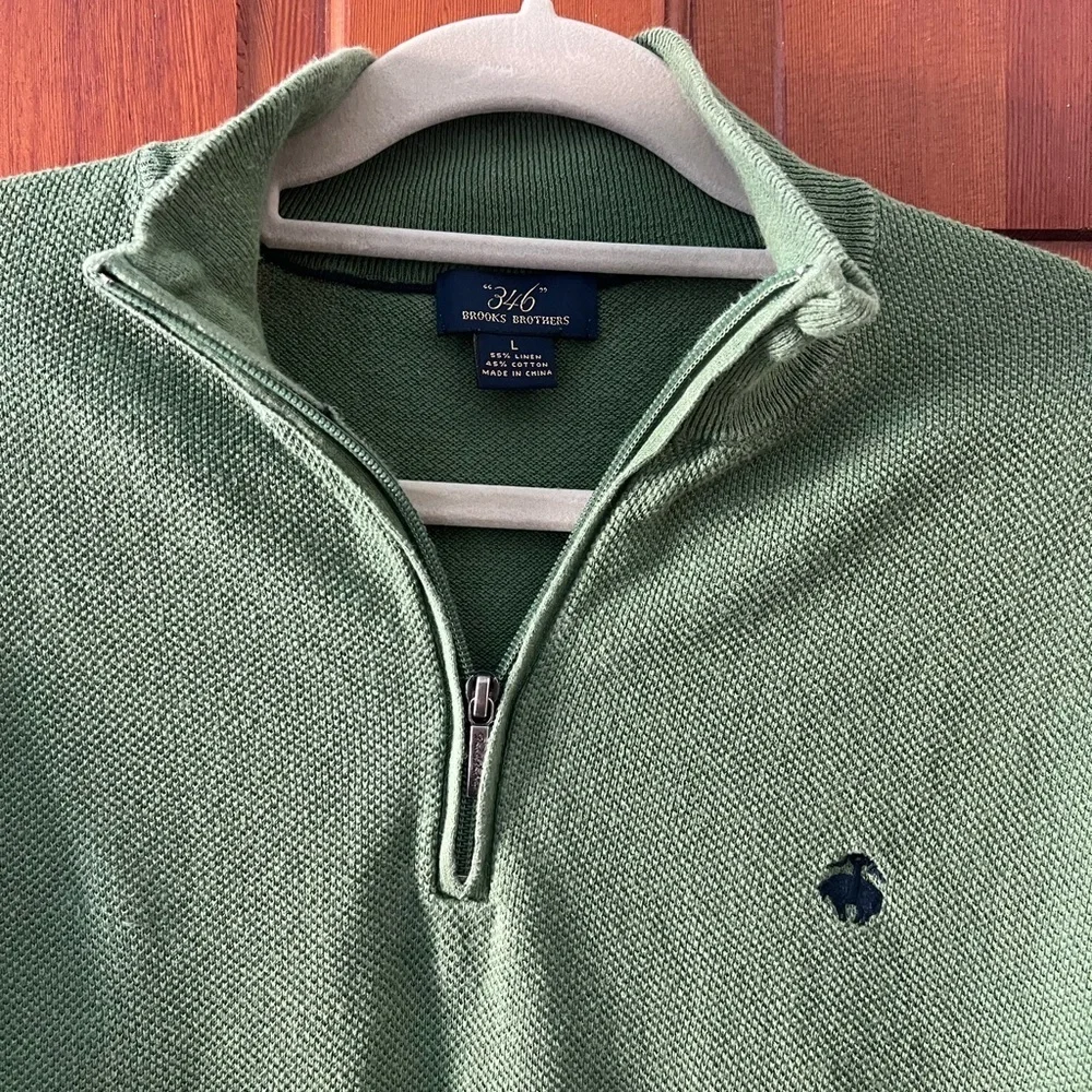 Brooks Brothers 346 Green Quarter Zip Sweater Linen Cotton Pullover Size L
